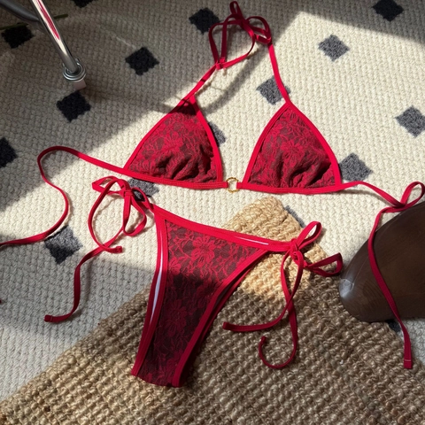 Bikini In Pizzo Floreale Halter Triangolo Costume Da Bagno Lacci Laterali Anello Metallico Per Donne Spiaggia Elegante