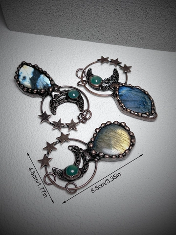 Handmade Vintage Wire Wrapped Labradorite Moon Star Pendant Necklace Natural Green Chalcedony Gothic Bohemian Jewelry For Women