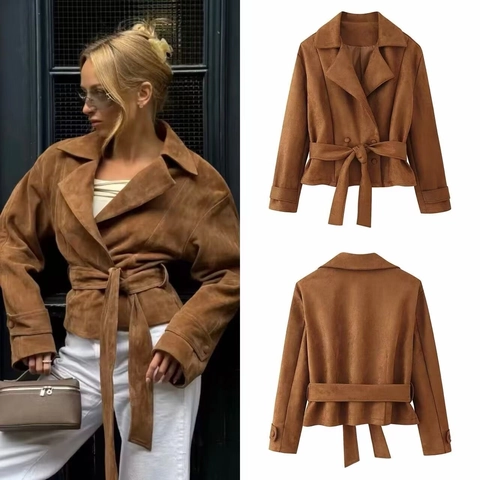 Suede Jacket Women Faux Suede Lapel Collar Belted Waist Short Solid Color Fashion Commuter Outerwear Fall Winter