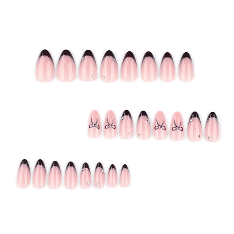 Französische Drucknägel Mandelform Schwarze Schleife Strasssteine Silber Glitzer Nude Rosa Glänzende Künstliche Nägel Damen