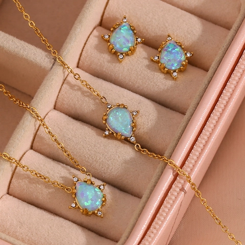 Vintage Stainless Steel Water Drop Artificial Opal Pendant Necklace Earrings Bracelet For Women Gold Plated Rhinestone Jewelry Accessories