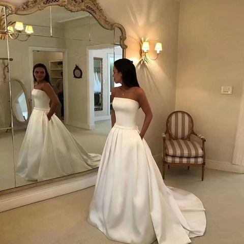 Satin Wedding Dress Strapless Sleeveless Pockets Bow Back Small Train Bridal Gown Formal Evening Women