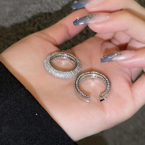 Elegant Silver Color Alloy Zircon Rings For Women Minimalist Fashion Design Full Pave Zircon Open Wide Band Finger Jewelry