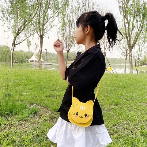 Cute Cartoon Cat Kids Crossbody Bag PU Leather Mini Shoulder Purse Animal Shaped Fashion Accessory For Toddler Girls