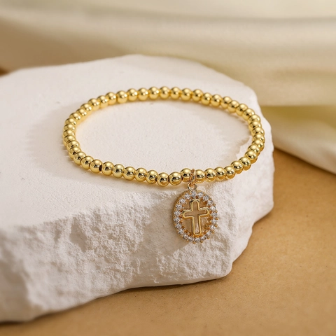 Cross Pendant Bead Bracelet Gold Plated Copper Cubic Zirconia Micro Inlaid Elastic Stretch Religious Style Fashion Jewelry