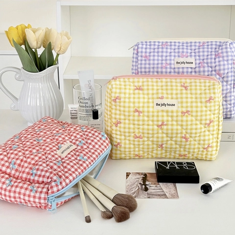 Gesteppte Baumwolle Kosmetiktasche Karo Muster Schleife Große Kapazität Tragbare Reise Make-up Organizer Tasche Für Damen