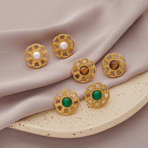 French Vintage Stainless Steel Round Stud Earrings For Women 18K Gold Plated Hollow Inlaid Artificial Pearl Green Stone Earrings