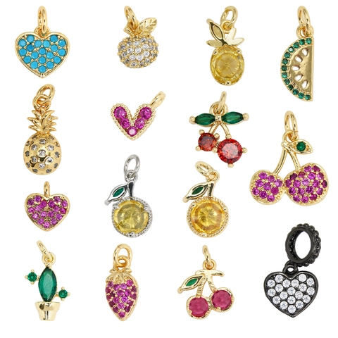Copper Rhinestone Tiny Fruit Heart Cactus Pendants For Women DIY Jewelry Making Accessories Colorful Electroplated Charms