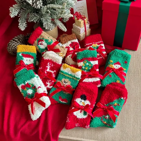 Calze Di Natale Pile Di Corallo Ispessite Caldo Termico Interno Casa Dormire Donne Carino Cartone Animato Babbo Natale Pupazzo Di Neve