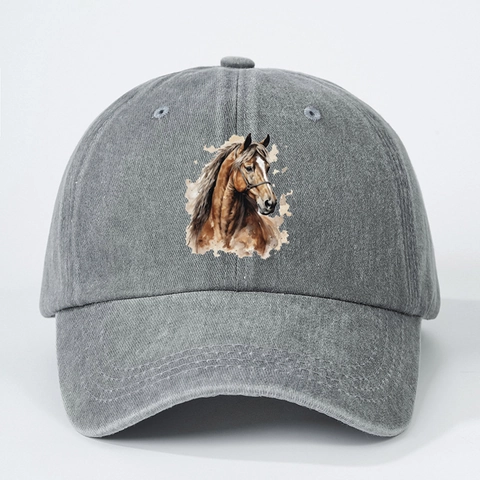 Washed Cotton Baseball Cap Realistic Horse Head Print Vintage Adjustable Sun Protection Outdoor Sports Hat For Men Women