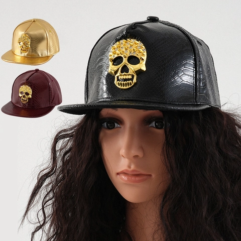 Berretto da Baseball in Pelle PU Hip Hop Con Teschio di Strass Fantasia 3D Pelle di Serpente Cappello Snapback per Uomo Donna