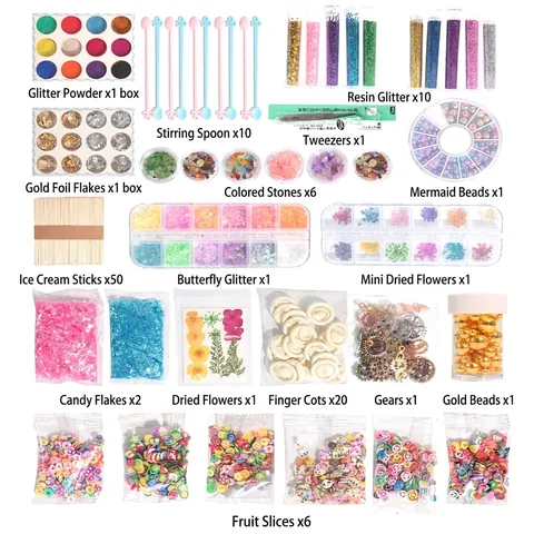 Kit Matériel De Bricolage En Résine DIY Avec Boîte Rangement Multicouche Paillettes Fleurs Séchées Engrenages Métalliques