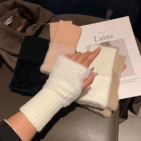 Gants en Peluche à Demi-Doigts pour Femmes Fil à Tricoter Fourrure Artificielle Patchwork Mitaines sans Doigts Automne Hiver Chauffe-Bras