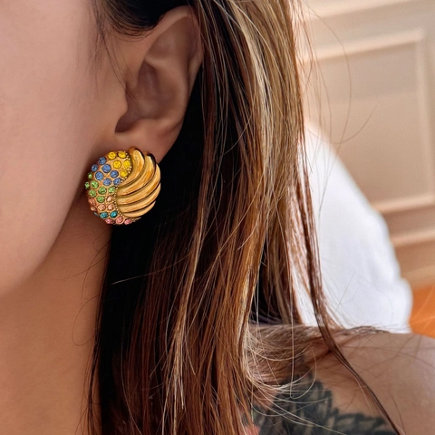 Vintage Stainless Steel Spiral Twist Stud Earrings For Women Colorful Clear Rhinestone Gold Plated Elegant Jewelry Gift
