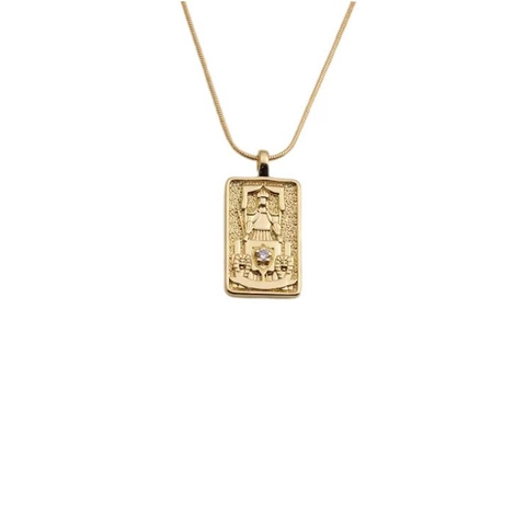 Tarot Card Necklace Vintage Copper Zircon Rectangular Pendant Gold Plated Snake Chain Jewelry For Women