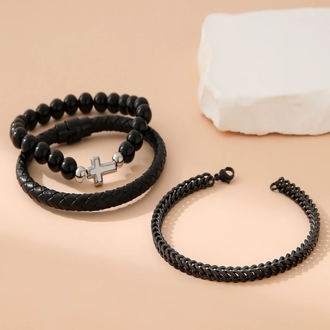 Men Bracelet Stainless Steel Chain Alloy Cross Beaded Braided PU Leather Magnetic Clasp Fashion Jewelry