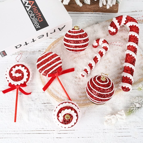 Adornos Colgantes Para Árbol De Navidad Espuma Brillante Bastón De Caramelo Piruleta Bola Lazos Decoración