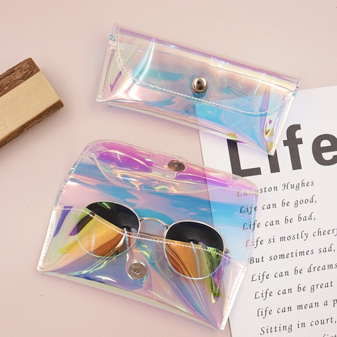 Laser Iridescent Sunglasses Case Portable PVC Holographic Eyeglasses Pouch Fashion Travel Storage Bag With Metal Button