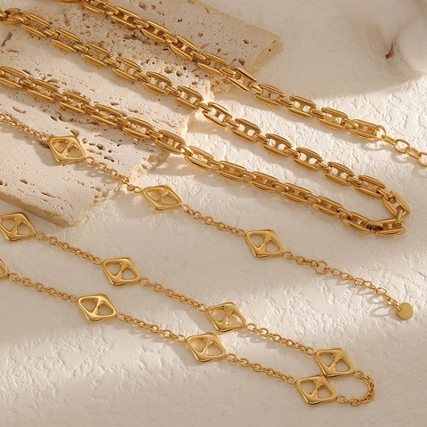 18K Vergoldet Edelstahl Schmuck Halskette Und Armband Geometrische Raute Gliederkette Nicht Verblassend Minimalistisch Für Frauen