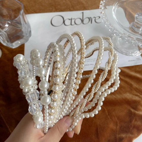 Elegant Artificial Pearl Headband Faux Artificial Pearl Crystal Rhinestone Hair Hoop Korean Style Minimalist Hair Accessory For Women Girls