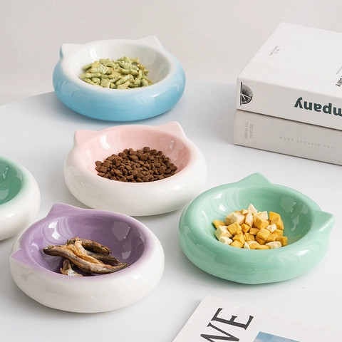 Ceramic Cat Bowl Shallow Pet Food Water Dish Cute Cat Ear Design Anti-Tip Macaron Colors For Indoor Cats Small Dogs