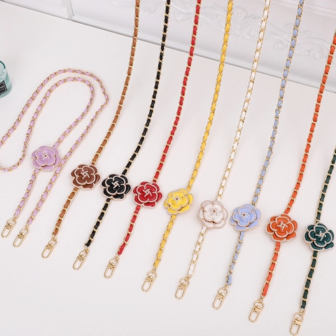 Camellia Flower Decorative Bag Strap Metal Chain Woven With PU Leather Crossbody Phone Lanyard Accessory For Women