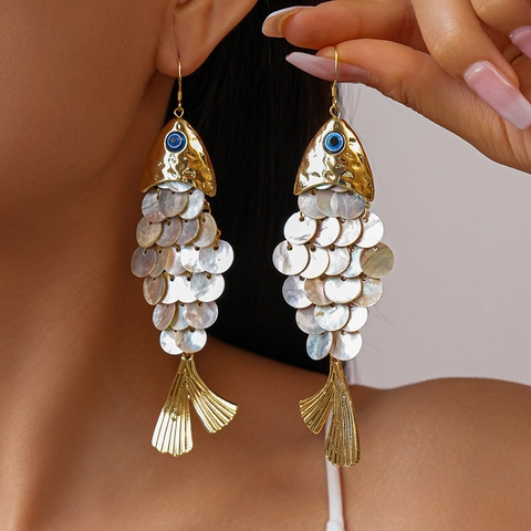 Boucles D'oreilles Poisson En Coquille Avec Alliage Et Tige En Acier Inoxydable Mauvais Oeil Bleu Style Vacances De Plage