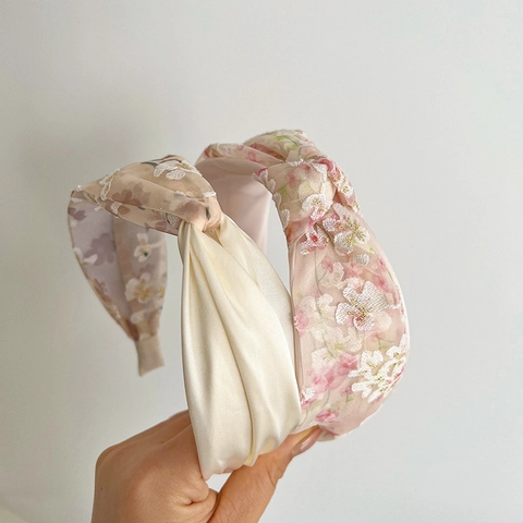 Wide Brim Headband Fabric Knotted Floral Embroidery Mesh Lace Elegant Sweet Hair Accessories For Women Daily