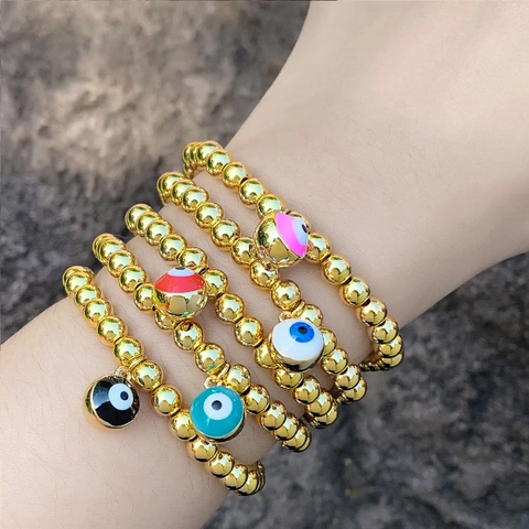 Bracciale Perline Malocchio Rame Placcato Oro 18K Smalto Zircone Amuleto Portafortuna Gioielli Boho Donna