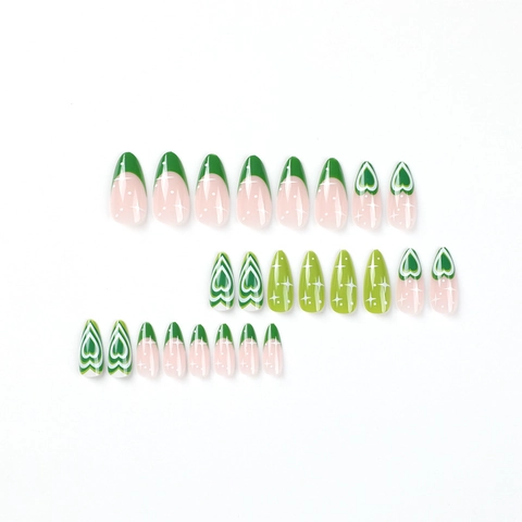 Green Almond Press On Nails Heart Swirl Star Design Glossy Artificial Fingernails French Style For Women