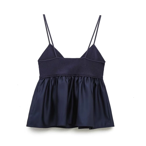Women Patchwork Camisole Ribbed Knit And Satin V Neck Spaghetti Strap A-Line Tank Top Sexy Streetwear