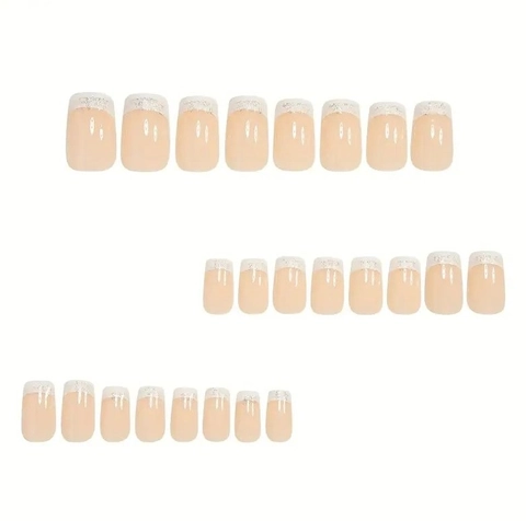 Uñas Postizas Press On Degradado Blanco Francés Purpurina Plateada Cuadradas Largas Uñas Artificiales Para Mujeres