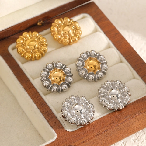 Vintage Flower Stud Earrings 304 Stainless Steel 18K Gold Plated Geometric Round Ball Jewelry Accessory For Women