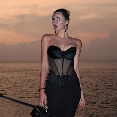 Women Strapless Corset Top Satin Mesh Patchwork Boning Bustier Sheer Zip Back Sexy Solid Color Streetwear