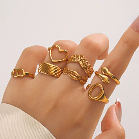 Stainless Steel Adjustable Open Rings Heart Snake Croissant Geometric Gold Plated Retro Fashion Jewelry For Women