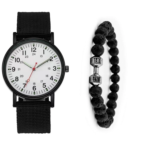 Orologio Al Quarzo Da Uomo Stile Militare Display 24 Ore Cinturino In Nylon Bracciale In Pietra Lavica Manubrio Fitness