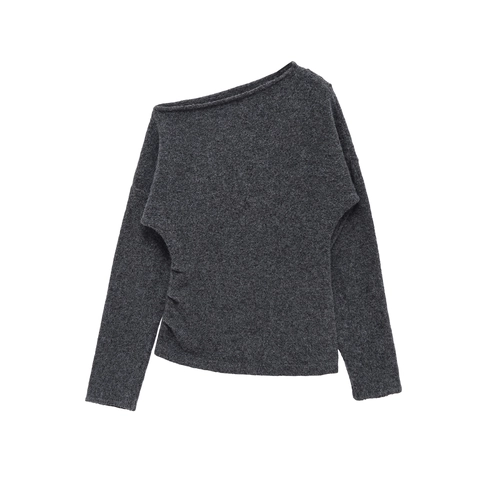 Women Off Shoulder Ruched Long Sleeve Knit Sweater Asymmetric Slash Neck Solid Color Loose Pullover Top Winter Fashion