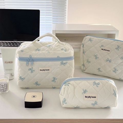Borsa Trucco In Cotone Trapuntato Simpatico Fiocco Stampa Pochette Da Viaggio Beauty Case Portatile Organizer Cosmetico Morbido