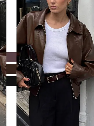 Women PU Faux Leather Jacket Lapel Collar Long Sleeve Zipper Up Solid Color Oversized Biker Coat Streetwear Casual Outwear