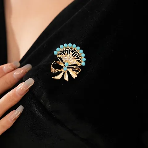Broche Vintage En Forma De Abanico De Aleación Con Cuentas De Acrílico Azules Y Diamantes De Imitación Diseño De Lazo Para Mujer