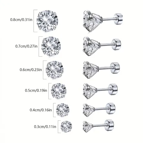 Stainless Steel Round Zirconia Stud Earrings Four Prong Flat Back Hypoallergenic Piercing Jewelry For Women Men Daily