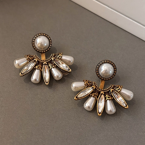 Orecchini A Lobo A Ventaglio Con Künstliche Perle Imitazione Strass Lega E Perno In Argento Sterling 925 Vintage Eleganti Per Donna