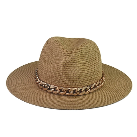Straw Fedora Hat With Large Gold Metal Chain Wide Brim Sun Protection Summer Beach Jazz Panama Style For Women Men