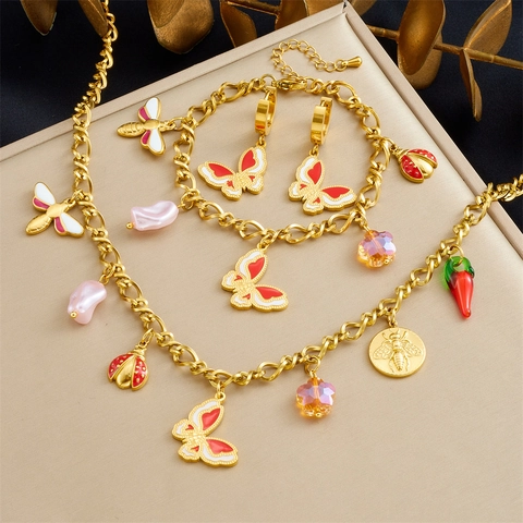 Stainless Steel Butterfly Ladybug Necklace Bracelet Earrings Enamel Artificial Pearl Flower Coin Charms Jewelry For Women