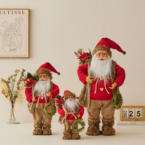 Statuina Di Babbo Natale Bambola In Piedi Maglione Di Maglia Rosso Decorazione Pelliccia Sintetica Stile Nordico Ornamento Tavola