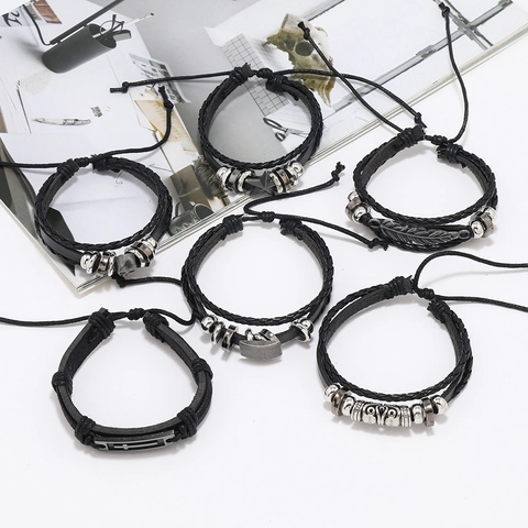 Herren Punk Leder Gewebt Armband Gothic Totenkopf Kreuz Feder Legierung Verstellbar Mode Schmuck