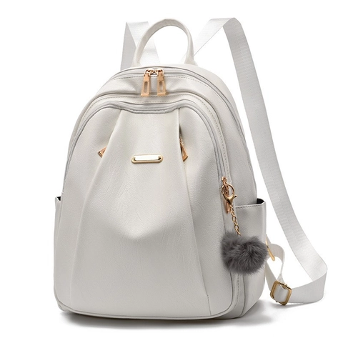 Sac à Dos Mode Femme En Cuir PU Avec Pendentif Boule De Poils Grande Capacité École Voyage Sac Texture Litchi Matériel Doré