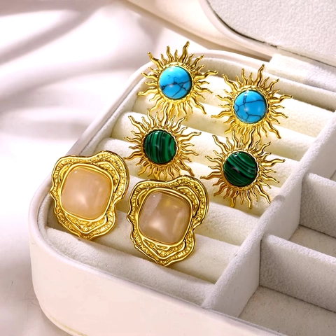 Boho Stainless Steel Stud Earrings Gold Plated Flower Leaf Sun Design Vintage Jewelry For Women And Adjustable Ring