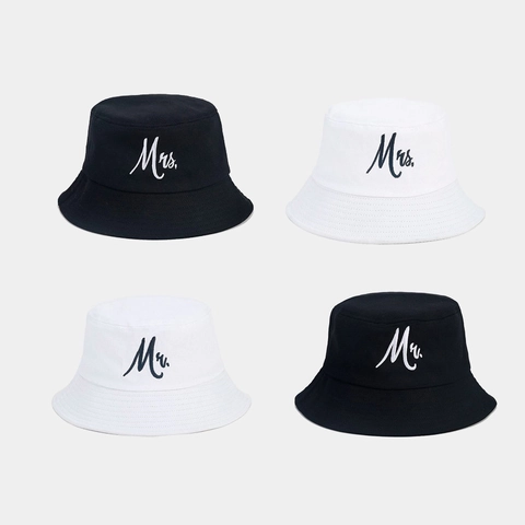 Cappello Da Pescatore Cotone Tela Mr Mrs Lettera Ricamo Protezione Solare Outdoor Coppia Berretto Casual