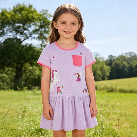Girls Summer Cotton Knit Short Sleeve Dress Light Purple Heart Pattern Unicorn Fairy Embroidery Ruffle Princess Dress